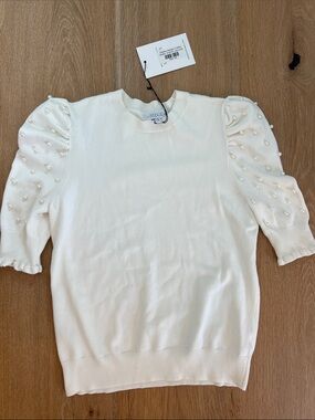 S’Edge Pearl-Embellished white Puff-Sleeve Sweater Top NWT